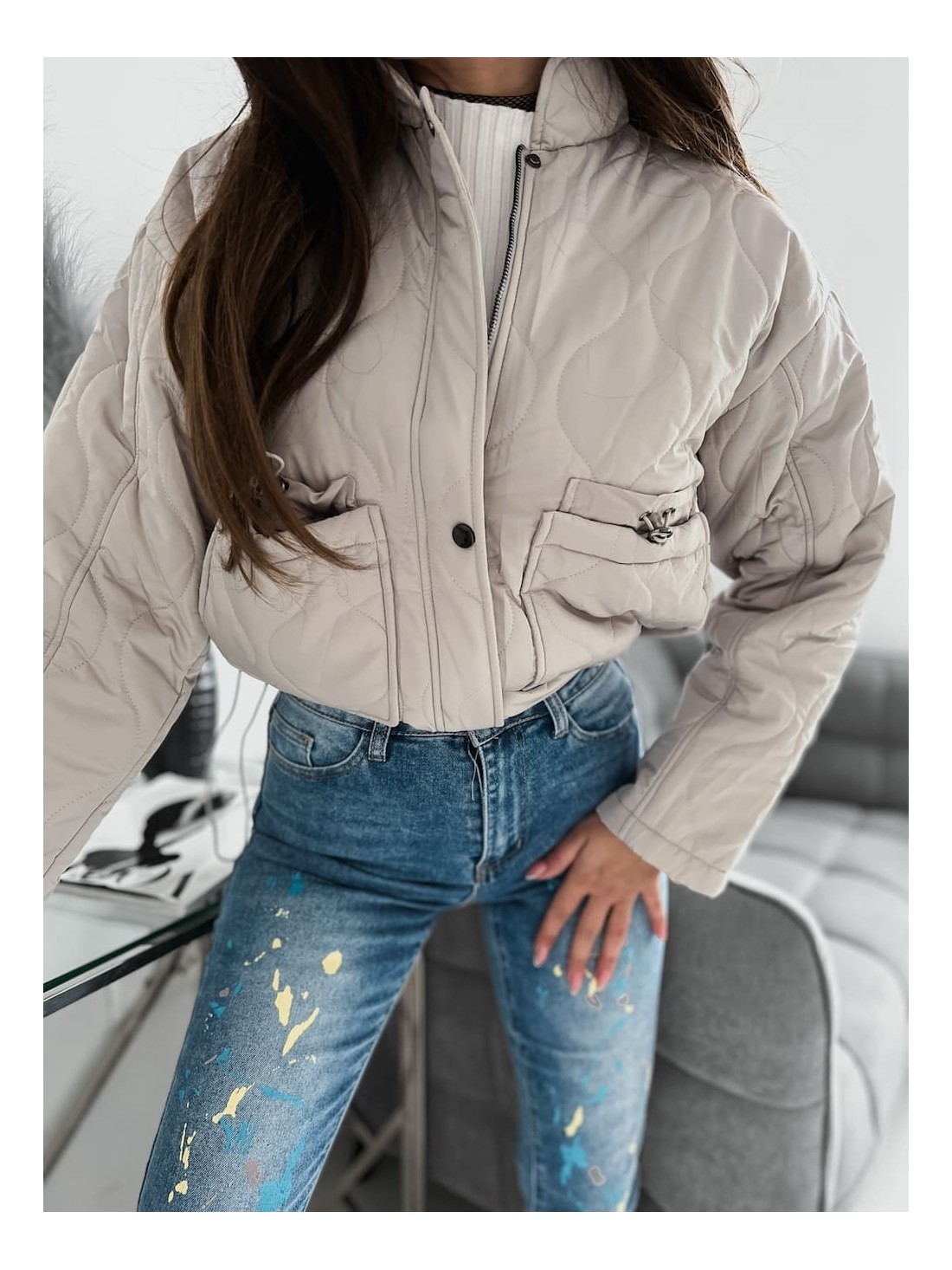 Women\'s quilted jacket with a stand-up collar, light gray SF13 - Online store - Boutique